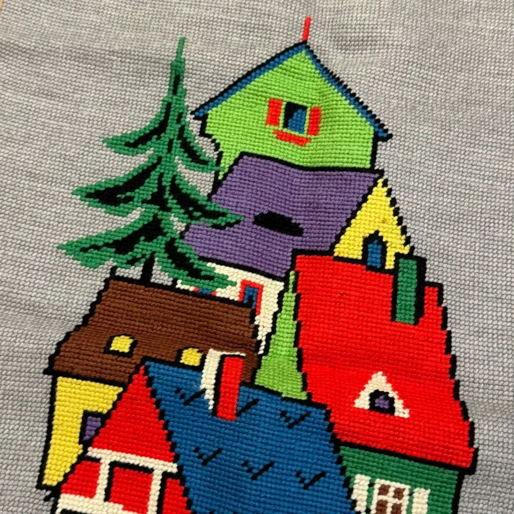 Vintage Bucilla Completed Needlepoint Panel Farm Village Large 30x19